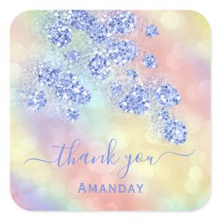 Thank Name  Holograph Floral Glitter Dusty Blue Square Sticker