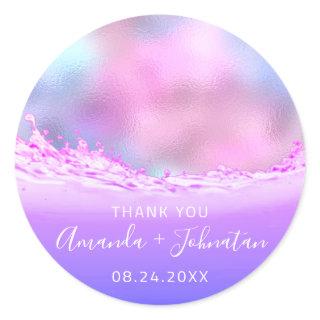 Thank Rose Name Date Spark Pastel Waves Pink Classic Round Sticker
