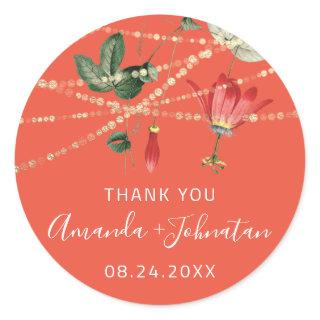 Thank Rose Name Date White Coral Golden Lights Ivy Classic Round Sticker