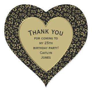 Thank you: 25th Birthday Black/Gold Number Pattern Heart Sticker