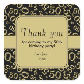 Thank You 50th Birthday Number Pattern Gold/Black Square Sticker