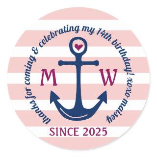 Thank You Anchor Heart Pink Stripes Nautical Logo Classic Round Sticker