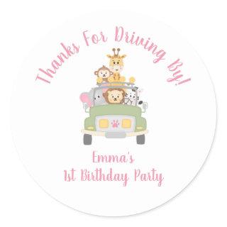 Thank You Animal Safari Pink 1st Birthday Party Classic Round Sticker