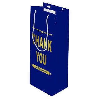 Thank You Appreciation Blue Gold Typography  Wine Gift Bag