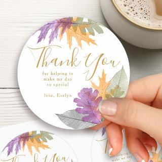 Thank You Autumn Leaves Elegant Gold Script Classic Round Sticker