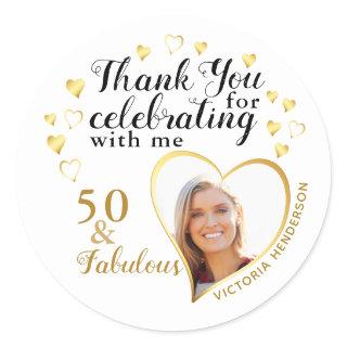 Thank You Birthday White Gold 50 and Fabulous Classic Round Sticker