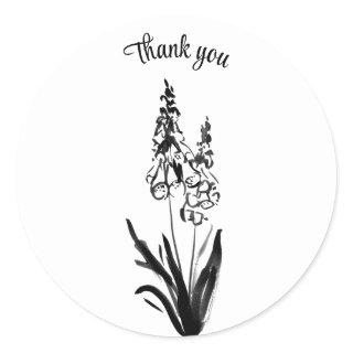 Thank you bluebells black ink line drawing flowers classic round sticker