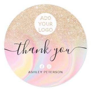 Thank you chic gold glitter marble media logo classic round sticker