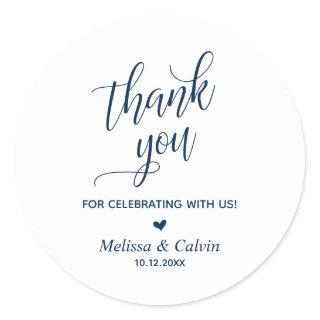 Thank you for celebrating, Navy Blue, Wedding Classic Round Sticker