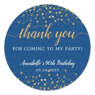 Thank You For Coming Gold Confetti Birthday Blue Classic Round Sticker