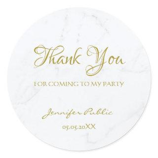 Thank You Gold Script White Marble Template Classic Round Sticker