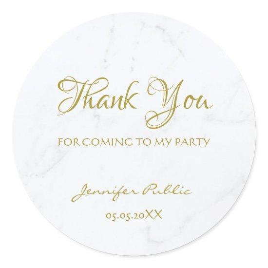 Thank You Gold Script White Marble Template Classic Round Sticker