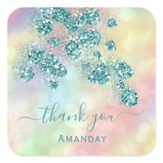 Thank You  Holograph Pink Floral Glitter Teal Square Sticker