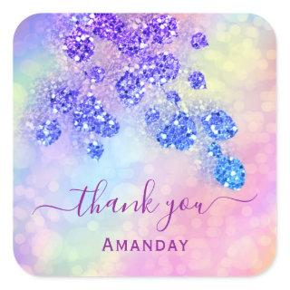 Thank You  Holograph Pink Floral Royal Blue Square Sticker
