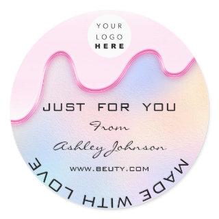 Thank You Made With Love Holograph Pink Logo Classic Round Sticker