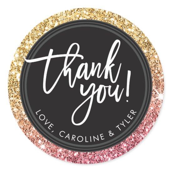 THANK YOU modern hand lettered gold pink glitter Classic Round Sticker
