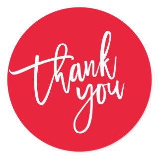 THANK YOU modern script type packaging BOLD RED Classic Round Sticker