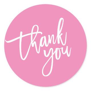 THANK YOU modern script type packaging candy pink Classic Round Sticker