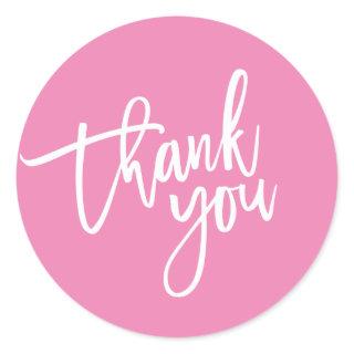 THANK YOU modern script type packaging candy pink Classic Round Sticker