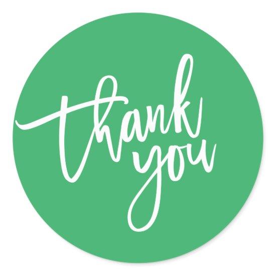 THANK YOU modern script type packaging GREEN Classic Round Sticker