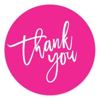 THANK YOU modern script type packaging hot pink Classic Round Sticker