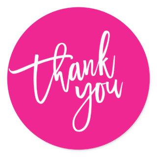 THANK YOU modern script type packaging hot pink Classic Round Sticker