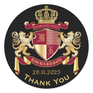 Thank You Monogram Coat of Arms Gold Red Emblem Classic Round Sticker