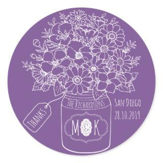 Thank You Monogram Wildflowers Bouquet Mason Jar Classic Round Sticker