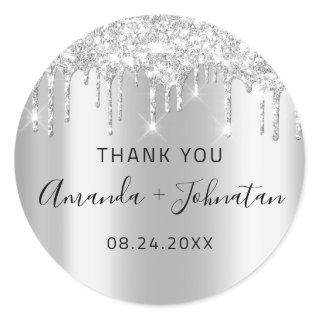Thank You Name Date Black Silver Gray Drips Classic Round Sticker
