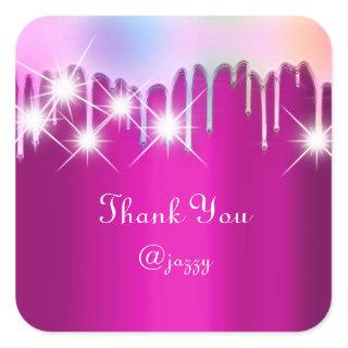Thank You Name Drip Favor Holograph Pink Spark Square Sticker