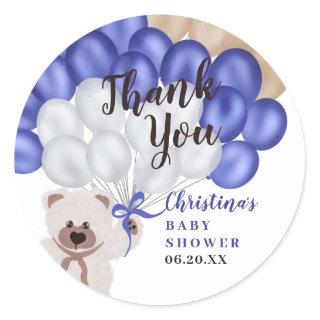 Thank you navy blue balloon bear boy baby shower classic round sticker