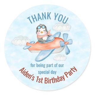 Thank You Penguin Airplane Blue Birthday  Classic Round Sticker