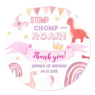 Thank you Pink Baby Dinasaur Kids Birthday Party Classic Round Sticker