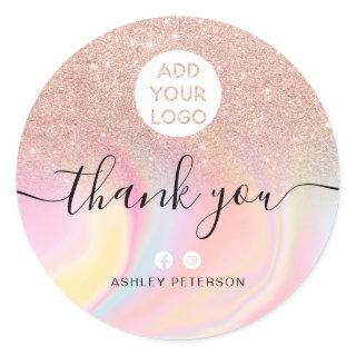 Thank you rose gold glitter marble chic media logo classic round sticker