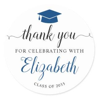 Thank You Script Blue Grad Graduation Party Favor Classic Round Sticker