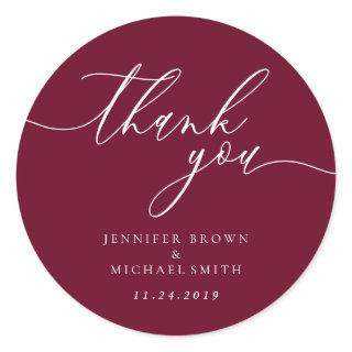 Thank you script burgundy simple names date classic round sticker