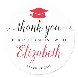 Thank You Script Red Grad Graduation Party Favor Classic Round Sticker