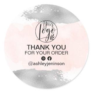 Thank you silver brushstroke pink watercolor order classic round sticker