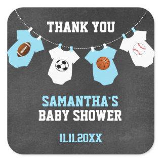 Thank You Sports Theme Baby Shower Chalkboard Boy Square Sticker