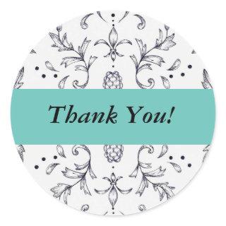 Thank You Stickers Damask Black and Teal