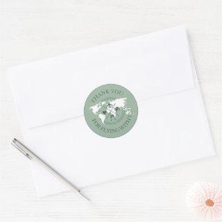 Thank you Travel Wedding World Map Boho Sage Green Classic Round Sticker