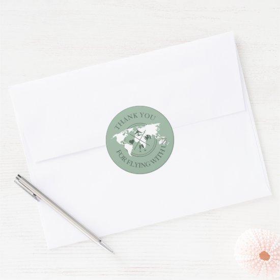 Thank you Travel Wedding World Map Boho Sage Green Classic Round Sticker