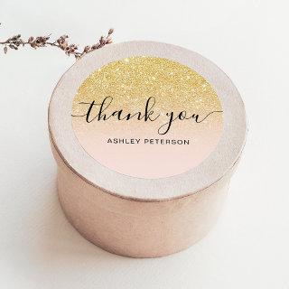 Thank you typography blush chic gold glitter ombre classic round sticker