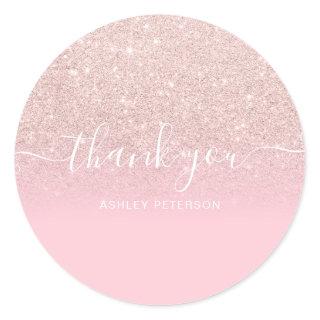 Thank you typography rose pink glitter ombre classic round sticker