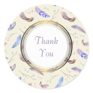 Thank You with Watercolor Feathers Leaves & Twigs Classic Round Sticker