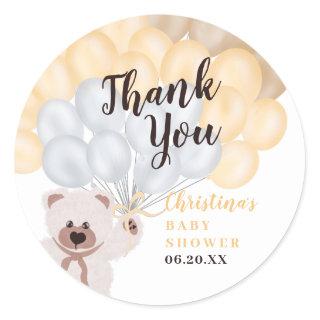 Thank you yellow balloon bear neutral baby shower classic round sticker