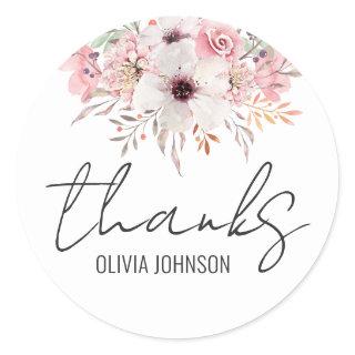 Thanks Chic Girly Pink Floral  Classic Round Sticker