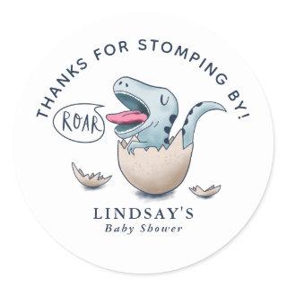 Thanks for Stomping By Dinosaur Baby Shower Blue Classic Round Sticker