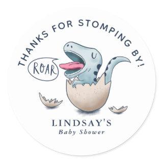 Thanks for Stomping By Dinosaur Baby Shower Blue Classic Round Sticker