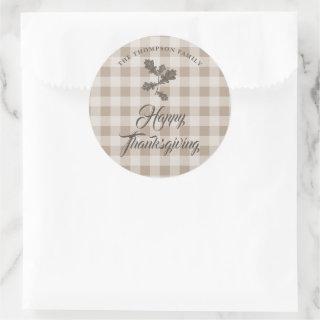 Thanksgiving Gratitude Family Name Taupe Plaid Classic Round Sticker